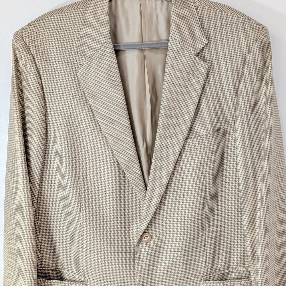 Alan Flusser Men's Light Tan Houndstooth Silk Worsted Wool Blazer Size 42R Sleek